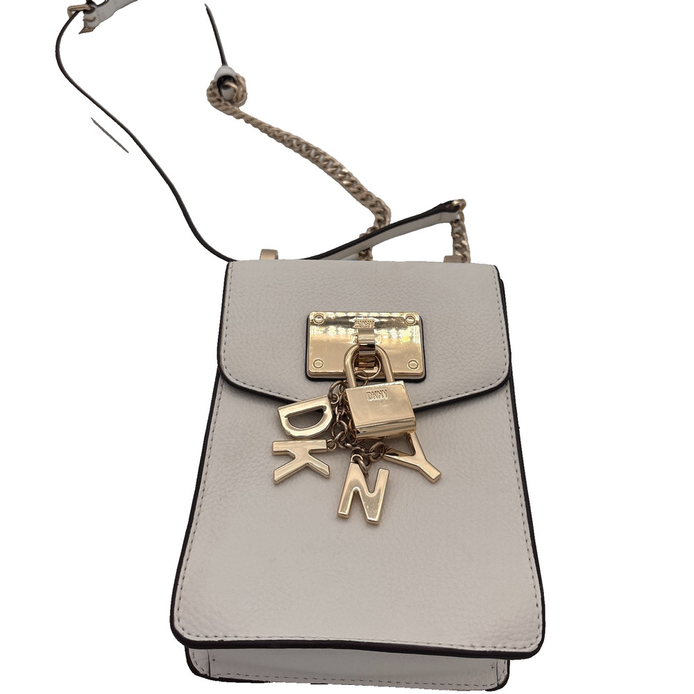 DKNY Elissa Pebbled Leather Charm Mini Crossbody Bag White Gold Hardware